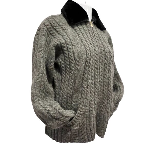 April Cornell Vtg Wool Cable Knit Zip Cardigan, Fur Collar, Green, L - Picture 8 of 13